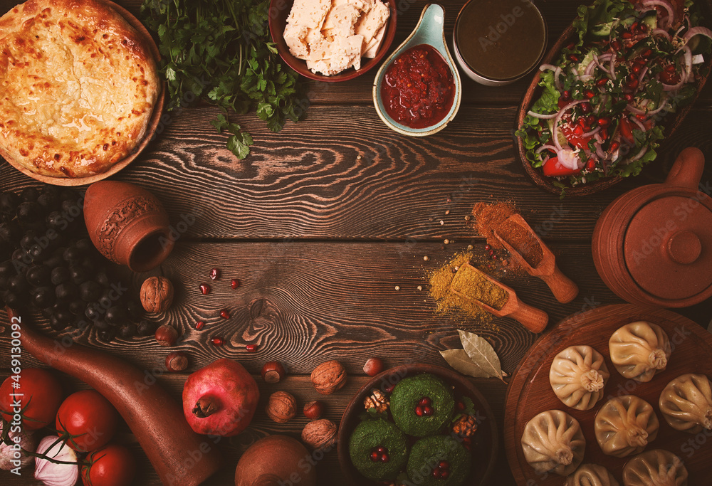 Traditional Georgian table, top view, Khinkali, Phali, Shoti, Khachapuri, Sauces, Fruits, nuts, Salad, cheese, horizontal, no people, Traditional Georgian table, top view, Khinkali, Phali, Shoti, Khachapuri, Sauces, Fruits, nuts, Salad, cheese, horizontal, no people,