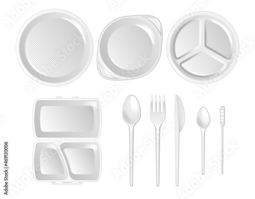 3d realistic disposable plastic lunch box with partition, plate, cutlery: spoon, fork, knife