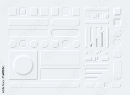 3d interface elements, buttons, menu and sliders in neumorphism style. Neumorphic white round and rectangle panels for phone app vector set