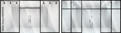 Storefront entrance door with transparent windows, glass illuminated showcase for presentations