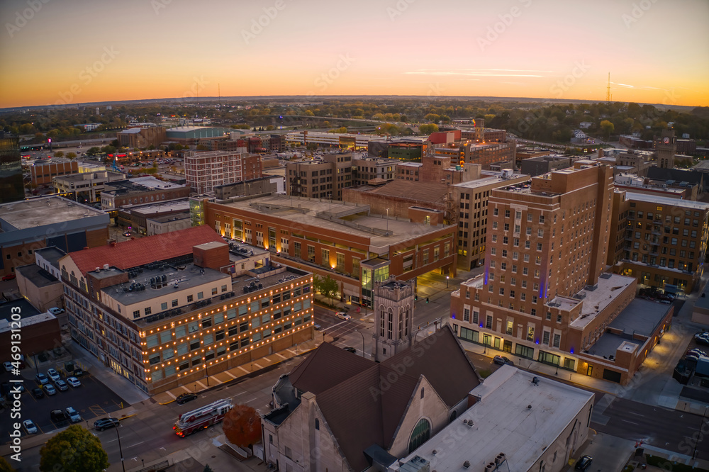 Aerial View of Downtown Sioux City, Iowa at Dusk