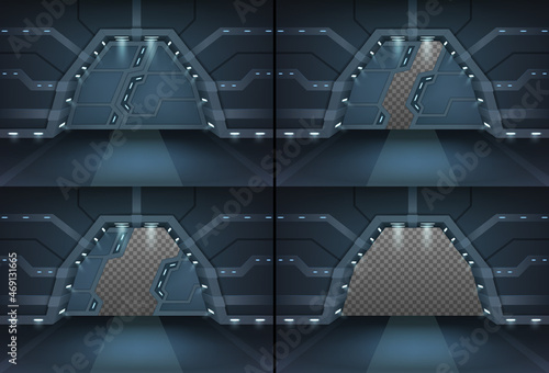 Futuristic door, sliding gates in spaceship hallway interior. Closed, open and slightly ajar shuttle