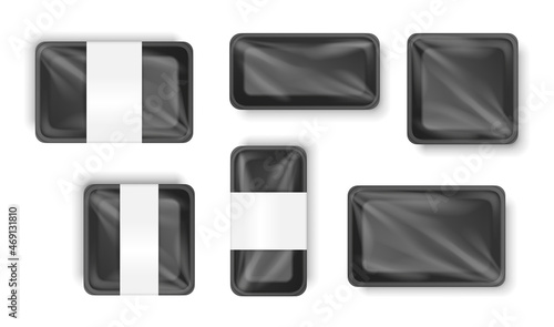 Plastic tray. Food package with transparent wrap, black empty containers for vegetables, meat