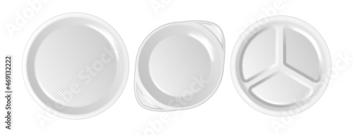 3d realistic white plastic or paper disposable food dish plate icon set. Disposable kitchenware