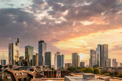 Skyline view from a viewing platform. Frankfurt am Main in Germany in the evening with a dreamlike sunset in the middle of the skyline. Great city photo of the financial district