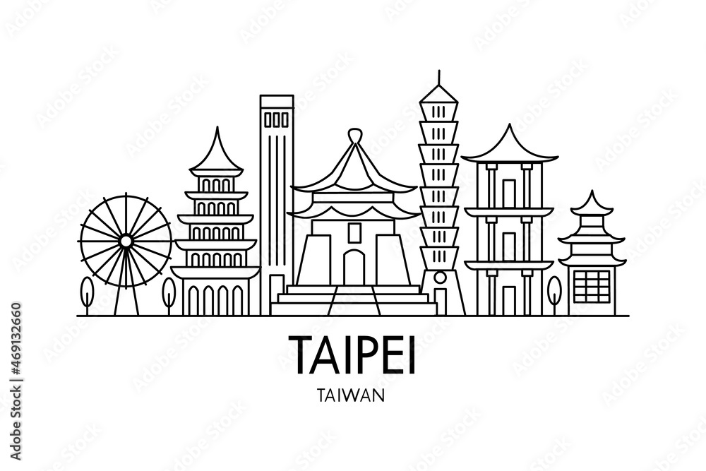 Taipei lineart drawing. Taipei line illustration. Modern style Taipei city illustration. Hand sketched poster, banner, postcard, card for travel company, T-shirt, shirt. EPS 10 vector illustration