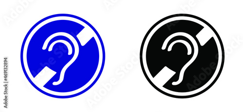 Deaf, limited hearing. Deafness symbol and audible sign. Hearing loss impairment logo. Flat vector ear pictogram signs. Universal access icon, hard of hearing. Assistive listening systems Symbols.
