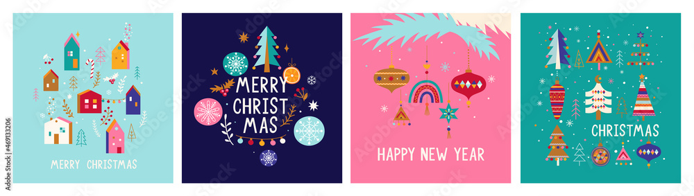 Set Christmas greeting cards 2022. Bright banners, flyers with hand drawn christmas elements-houses, christmas balls, christmas trees,toys, lights. Xmas decor elements.Template for design,print.Vector