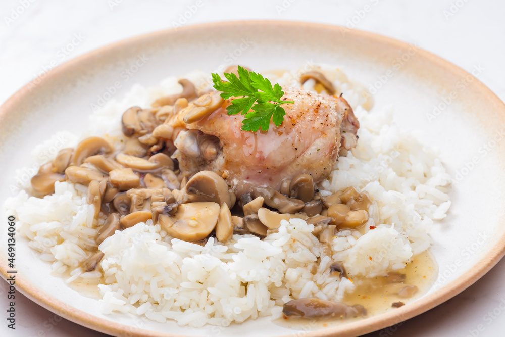grilled chicken meat with mushroom sauce and rice grilled chicken meat with mushroom sauce and rice