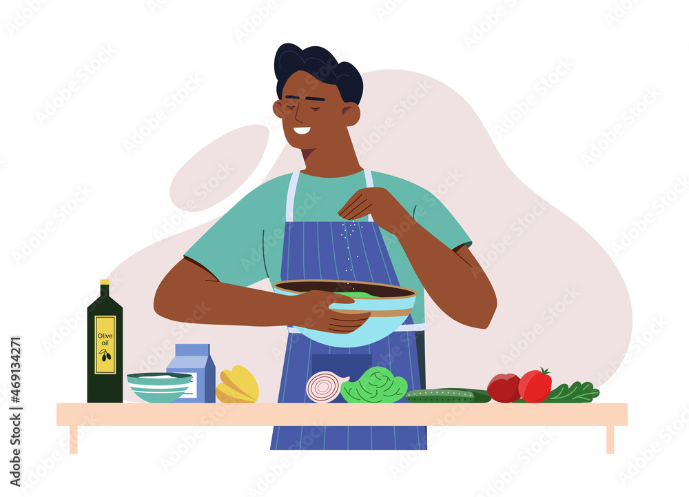 Boy doing salad. Healthy food, lots of vitamins, vegetarian prepares his own supper. Lifestyle, household chores, routine. Apartment, kitchen, inside, indoor. Cartoon flat vector illustration Boy doing salad. Healthy food, lots of vitamins, vegetarian prepares his own supper. Lifestyle, household chores, routine. Apartment, kitchen, inside, indoor. Cartoon flat vector illustration