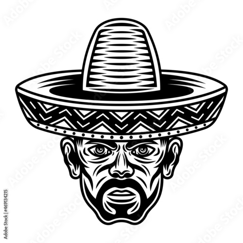 Man head in sombrero hat with bristle. Vector character illustration in vintage monochrome style isolated on white background