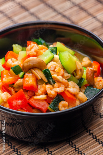 cooked vegetables salad with shrimps and cashew nuts
