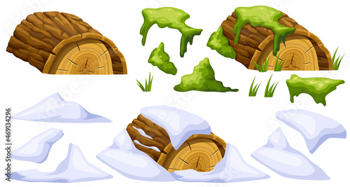 Wooden log in moss, under snow. Cartoon tree in swamp jungle. Broken oak and snowdrifts. Isolated vector elements game style on white background.