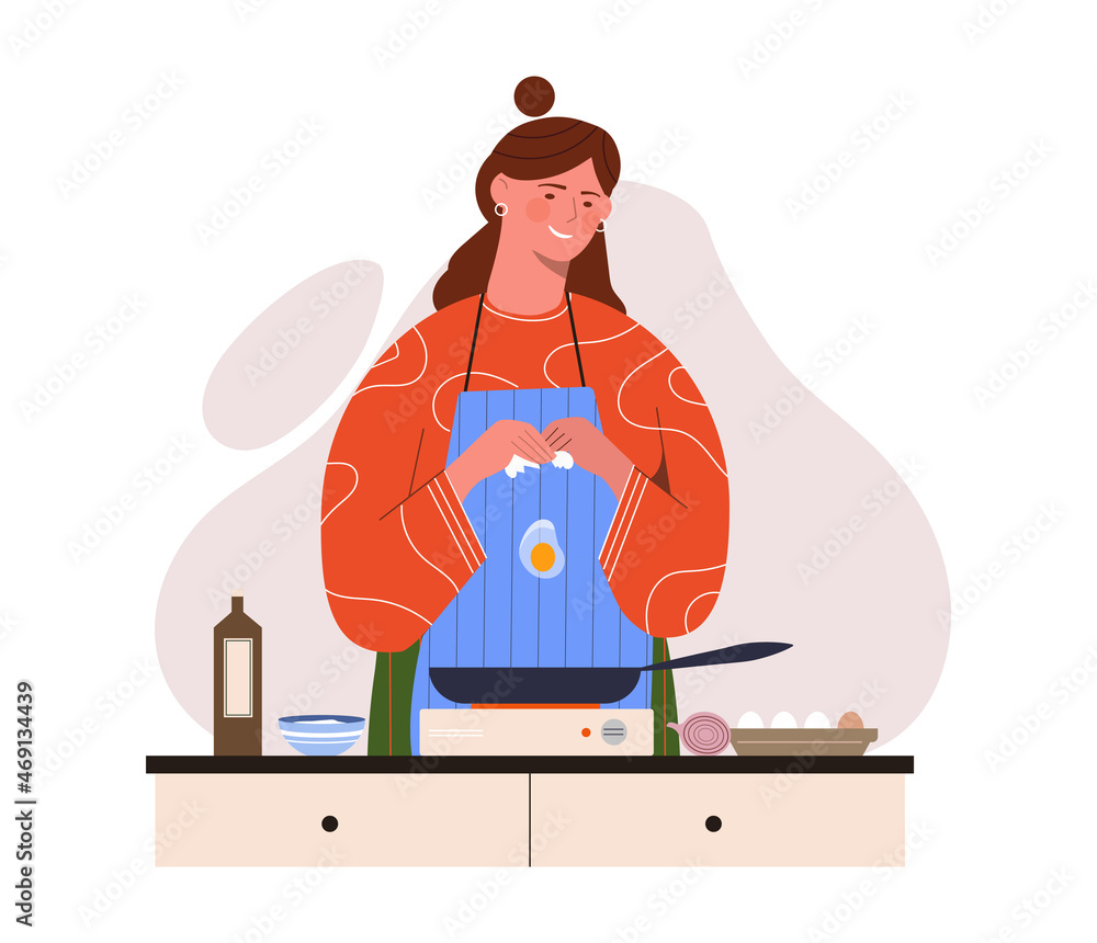 Girl cooking in frying pan. Character preparing his breakfast. Good start to day, routine, household chores. Light snack, healthy lifestyle, diet, fried eggs. Cartoon flat vector illustration Girl cooking in frying pan. Character preparing his breakfast. Good start to day, routine, household chores. Light snack, healthy lifestyle, diet, fried eggs. Cartoon flat vector illustration