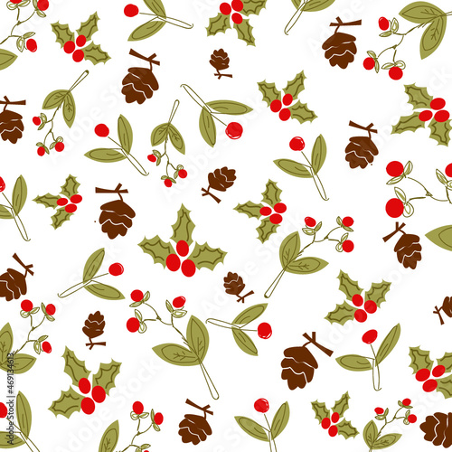 Ornate horizontal Christmas, Holiday border with floral motives and greetings. Universal modern line art florals. Merry xmas header or banner. Wallpaper or backdrop decor. Christmass seamless pattern 