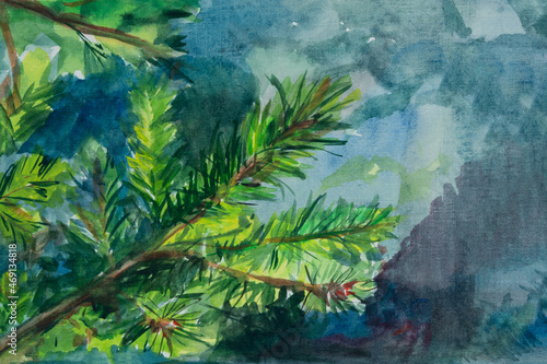Watercolor spruce branch. Festive Christmas watercolor postcard. Natural greenish-emerald background. Beautiful herringbone branch copy space. Winter nature design template, creative art mockup