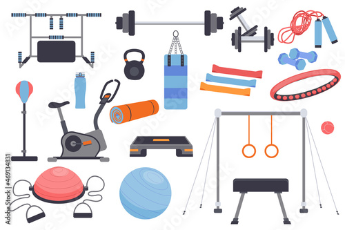 Sport equipment isolated elements set. Bundle of barbell, dumbbells, kettlebell, hula hoop, exercise bike, gymnastic apparatus and other. Creator kit for vector illustration in flat cartoon design photo