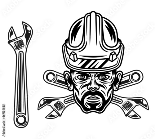 Worker man head in hard hat with adjustable wrench vector objects or design elements in monochrome style isolated on white © Flat_Enot