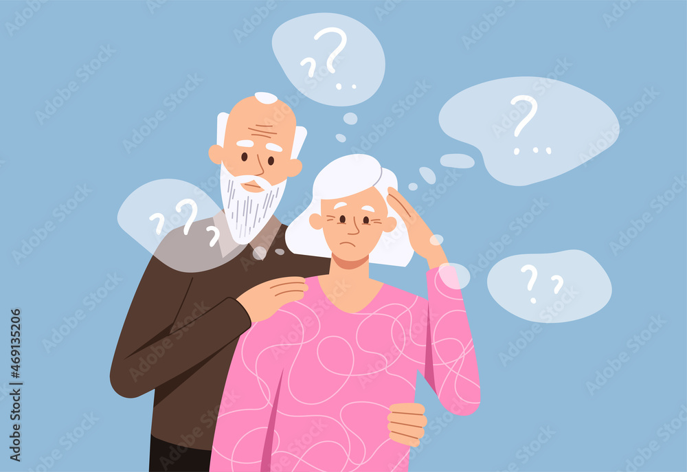 Decrepitude dementia concept. Grandmother and grandfather standing together in embrace, elderly couple with problems. Brain, illness, biology, cognitive processes. Cartoon flat vector illustration Decrepitude dementia concept. Grandmother and grandfather standing together in embrace, elderly couple with problems. Brain, illness, biology, cognitive processes. Cartoon flat vector illustration