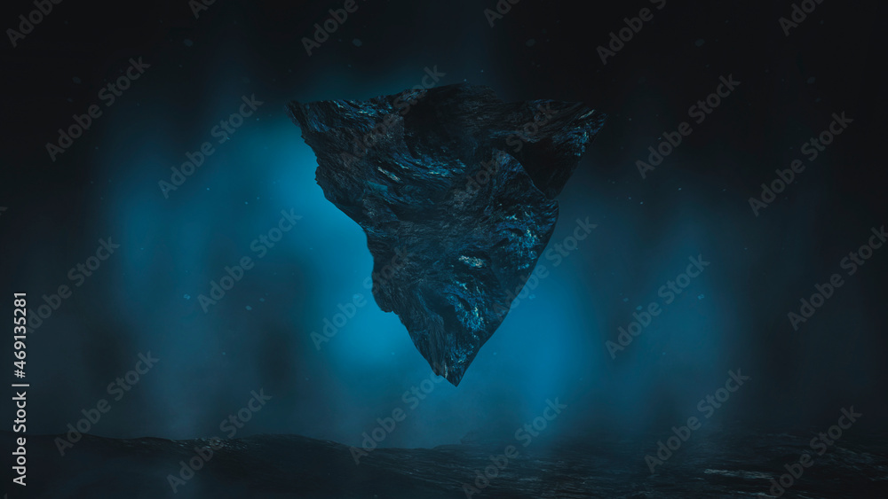 Obraz premium Futuristic fantasy night landscape with abstract landscape and island, moonlight, radiance, blue neon. Dark natural scene with light reflection in water. Neon space galaxy portal. 3D illustration. 
