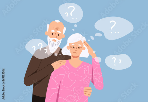 Decrepitude dementia concept. Grandmother and grandfather standing together in embrace, elderly couple with problems. Brain, illness, biology, cognitive processes. Cartoon flat vector illustration