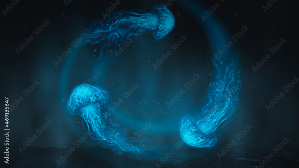 Naklejka premium Underwater fantasy world. The dark bottom of the ocean, the abyss. Underwater rocks and tunnels. Underwater landscape. Neon sea jellyfish at the bottom of the sea. Dark natural marine background. 3D 
