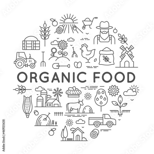 Organic food label for farmer market with agriculture line icons. Round logo with farm fresh eco products  barns and equipment vector design