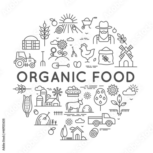 Organic food label for farmer market with agriculture line icons. Round logo with farm fresh eco products, barns and equipment vector design