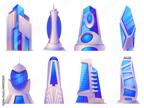 Cartoon futuristic city buildings and skyscrapers glass construction. Alien or future tower build, urban cyberpunk architecture vector set