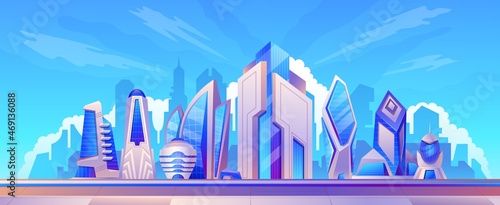 Cartoon futuristic smart city landscape with glass skyscrapers. Modern urban cityscape architecture. Future metropolis building vector scene
