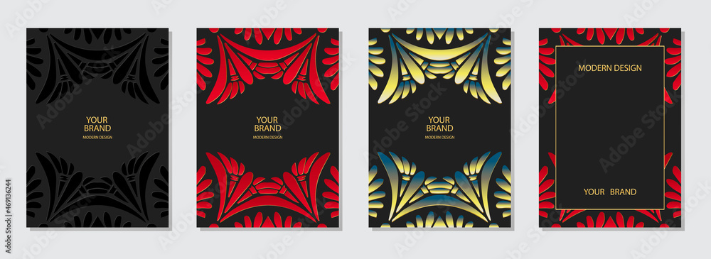 Set of cover design, vertical templates.Geometric volumetric convex ethnic 3D pattern, collection of backgrounds of different colors, space for text. Indian, Mexican, Peruvian, Aztec motives. - obrazy, fototapety, plakaty 