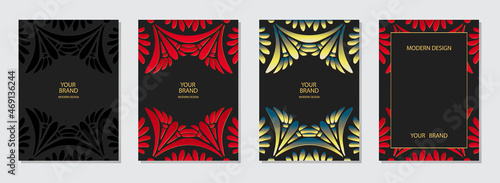 Set of cover design, vertical templates.Geometric volumetric convex ethnic 3D pattern, collection of backgrounds of different colors, space for text. Indian, Mexican, Peruvian, Aztec motives.