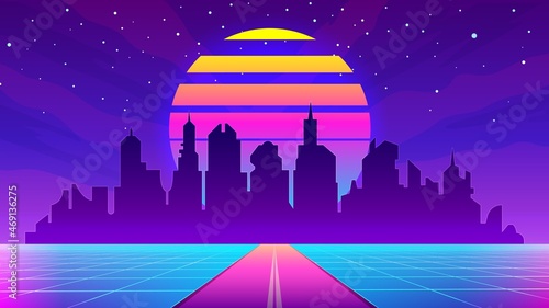 Retro 80s futuristic city landscape with sunset, grid and highway. Virtual reality cityscape in neon color. Cyber future urban vector scene