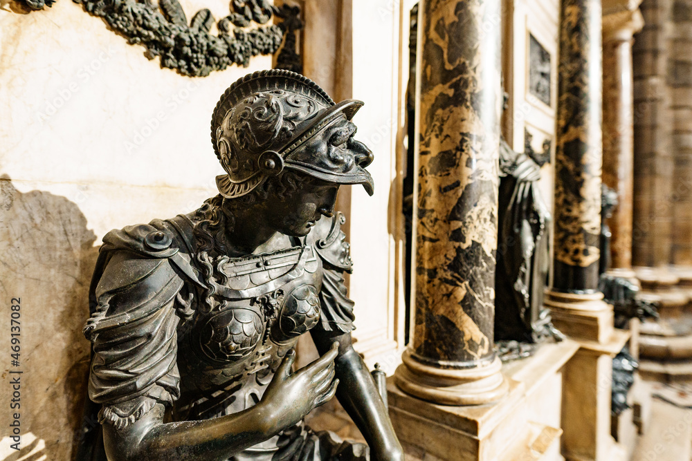 Sculpture of the military on the altar of Gian Giacomo Medici in the Duomo. Milan, Italy