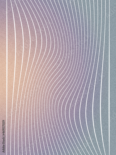 Circle gradient and distort lines texture. Grainy psychedelic background. Stripe pattern. Abstract warped waves. Nostalgia, retro 70s style. Template, print, poster. Gray, white, purple pastel colors