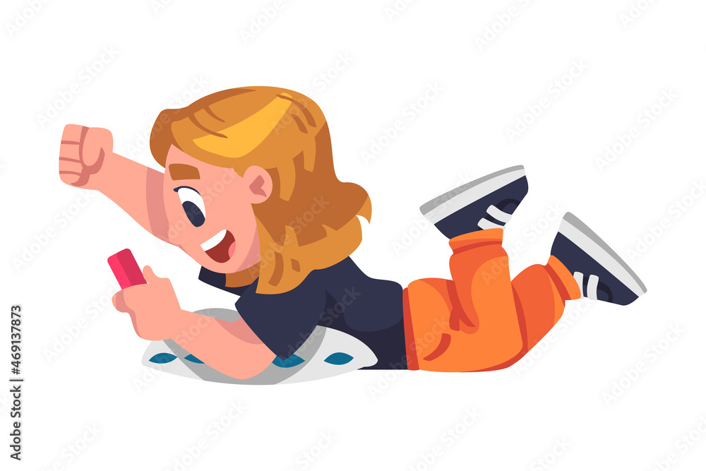 Boy Addicted to Gadget Lying on Pillow and Playing Video Game Vector Illustration