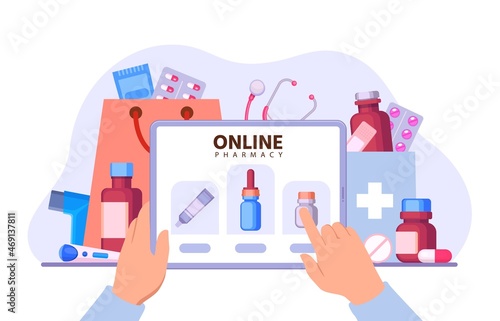 Flat online pharmacy store, medication delivery app. Man hands hold tablet and ordering pills. Medical drug internet shopping vector concept
