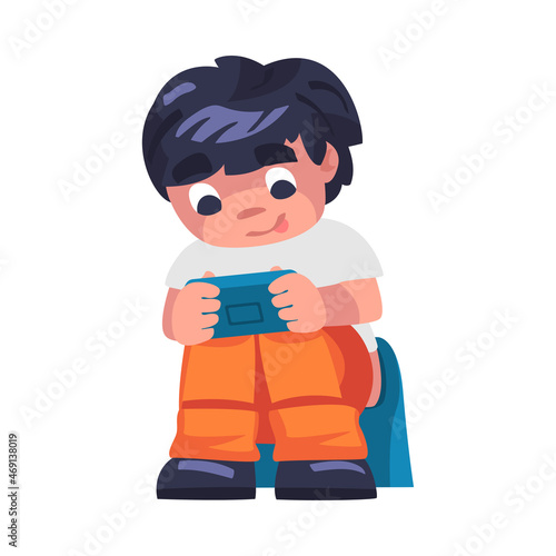 Boy Addicted to Gadget Sitting on Pottie and Playing Video Game with Console Vector Illustration