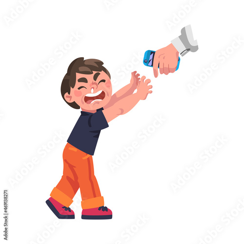 Crying Boy Addicted to Gadget Having Hysterics Demanding Console Vector Illustration