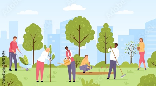 Flat ecology volunteers planting trees and flowers in city park. Public community do spring gardening. People work in garden vector scene