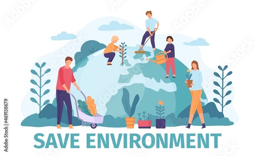 Flat people gardening and save environment ecology on earth globe. Volunteers community protect world nature, planting trees vector concept
