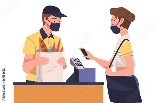 Woman Character Using Contactless Payment with Smartphone for Coronavirus Prevention Vector Illustration photo