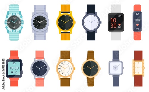 Flat modern, classic and luxury wrist watches with bracelet. Smart watch, accessory hand clock for men and women. Cartoon watches vector set