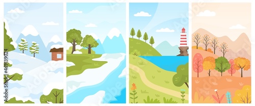 Flat four seasons landscapes, spring, summer, autumn and winter. Cartoon seasonal nature. Forest scenes with trees for calendar vector set