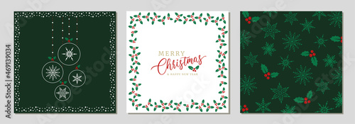 Holidays cards with Christmas motif, snowflakes, gold ornament snow frames and  green background. Winter vector set templates