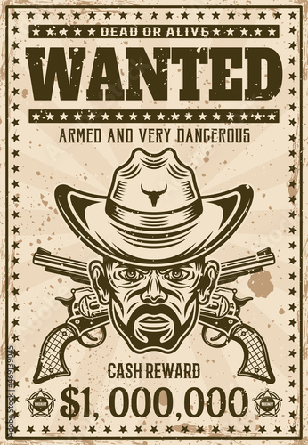 Wanted vintage western poster template, cowboy head with bristle in hat and crossed guns vector illustration for thematic party or event. Layered, separate grunge texture and text