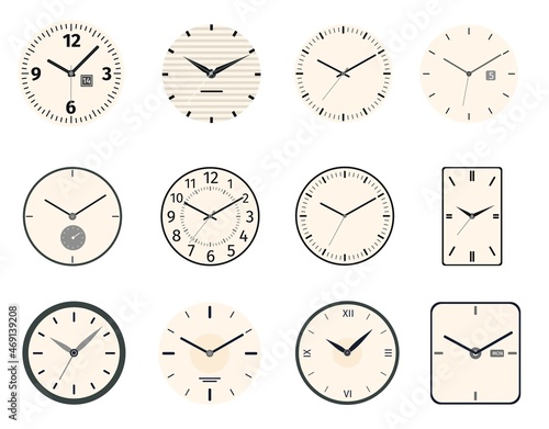 Classic and vintage clock and watch faces circle and rectangle designs. Analog clocks dial with roman numbers, hands and needle vector set photo