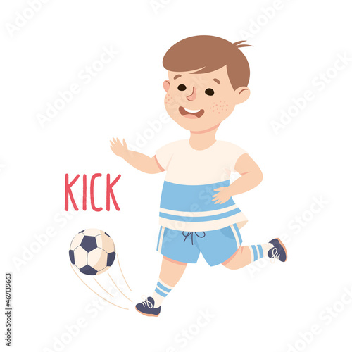 Little Boy in Sportswear Kicking Ball Playing Football Game Vector Illustration