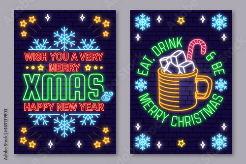 Set of Merry Christmas and 2022 Happy New Year posters in neon style. Collection of neon signs, design template, brochure, glowing poster. Bright neon advertising of xmas, Christmas and new year