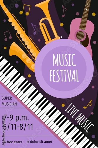 Wall Mural Live music festival event poster with guitar, saxophone and keyboards